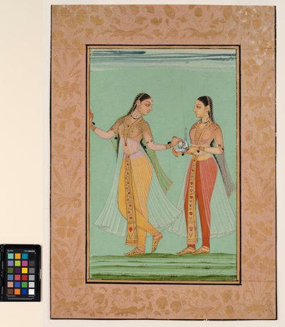 Eine stehende Dame, die von ihrer Dienerin ein Tablett angeboten bekommt von Deccani School