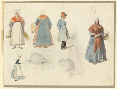 Blatt mit Skizzen: Männer, Frauen und Mäuse von Denis Auguste Marie Raffet