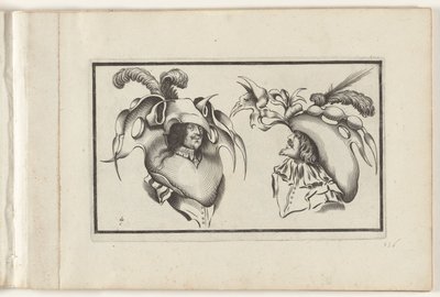 Zwei Männerköpfe mit grotesken Hüten und Kragen von Denis Boutemie