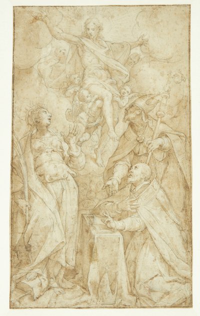 Christus in den Wolken, getragen von Engeln, erscheint einem Bischof an einem Lesepult, einem Bischofsheiligen (St. Augustin?) und Katharina von Alexandria von Denys Calvaert