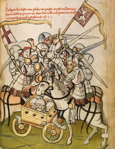 Kampfszene während der Kreuzzüge der Katholiken gegen die Hussiten, die Anhänger von Jan Hus von Diebold (workshop) Lauber