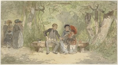 Mann, Frau und Kind auf einer Bank im Park von Diederik Franciscus Jamin