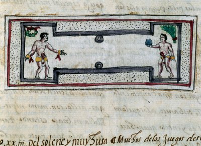 Azteken spielen Pelota, Miniatur aus der Geschichte der Indiens (Historia de las Indias) von Diego Duran (1537-1588), Manuskript von 1579 von Diego Duran