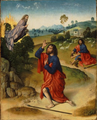 Moses und der brennende Dornbusch, mit Moses, der seine Schuhe auszieht von Dierick Bouts the Elder