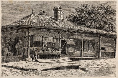 Eine Metzgerei und eine Bäckerei in Bukarest (Rumänien). Gravur zur Illustration der Reise von Paris nach Bukarest von Lancelot, Designer, im Jahr 1860, in „Le tour du monde, nouveau journal des voyages“, herausgegeben von Edouard Charton von Dieudonne Auguste Lancelot