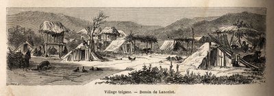 Ein Zigeunerdorf. Gravur zur Illustration der Reise von Paris nach Bukarest, von Lancelot, Zeichner, 1860, veröffentlicht in "Le tour du monde, nouveau journal des voyages" von Dieudonne Auguste Lancelot