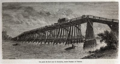 Eine Holzbrücke über die Donau, zwischen Passau und Wien, Zeichnung von Lancelot, zur Illustration von Victor Duruy