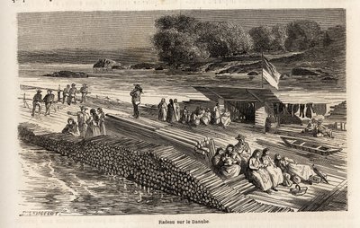 Ein Holzfloß auf der Donau, zum Transport von Waren und Personen, Zeichnung von Lancelot, zur Illustration von Victor Duruy