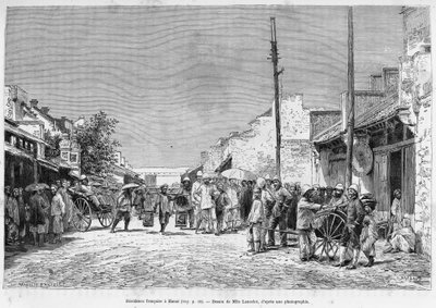 Französische Residenz in Hanoi. Gravur von Lancelot, nach einem Foto, zur Illustration der Geschichte „Dreißig Monate in Tonkin“ 1884, von Doktor Hocquard, in Le Tour du monde 1889, herausgegeben von Edouard Charton (1807-1890), Hachette, Paris. von Dieudonne Auguste Lancelot