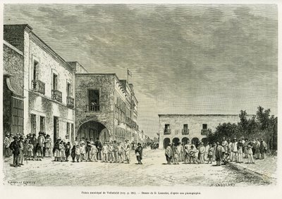 Rathaus von Valladolid. Gravur von Lancelot zur Illustration der Geschichte Ma dernière expédition au Yucatan, von Désiré Charnay, in Le Tour du monde 1887, unter der Leitung von Edouard Charton (1807-1890), Hachette, Paris. von Dieudonne Auguste Lancelot