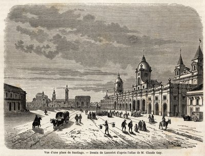 Ansicht eines Platzes in Santiago (Chile), Zeichnung von Lancelot zur Illustration der Reise nach Südamerika im Jahr 1823 von Giovanni Mastai Ferretti (1792-1878, zukünftiger Pius IX). Gravur in „Le tour du monde, nouveau journal des voyages“ Paris von Dieudonne Auguste Lancelot