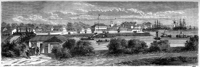 Ansicht der US-Konzession am Huangpu-Fluss in Shanghai im Jahr 1860, China. Gravur von Lancelot, in „Le Tour du Monde, Nouveau journal des Voyages“, herausgegeben von Edouard Charton, Paris von Dieudonne Auguste Lancelot