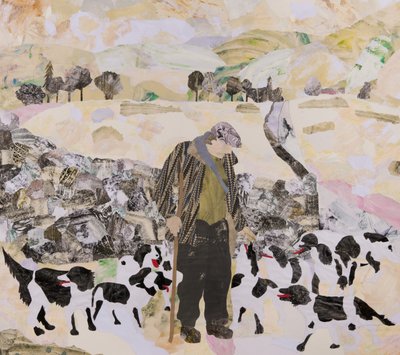 Ein Mann & seine Hunde im Schnee, 2018 von Dione Verulam