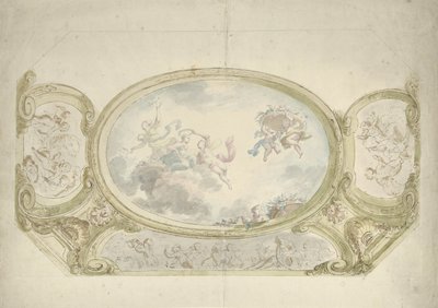 Entwurf für eine Deckenmalerei: Oval mit allegorischer Darstellung, umgeben von Szenen mit Putti von Dionys van Nijmegen (possibly)