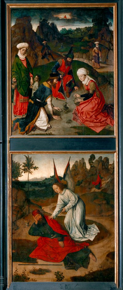 Altar des Letzten Abendmahls, rechter Flügel: oben: das Sammeln von Manna in der Wüste unten: der Engel weckt den Propheten Elia von Dirck Bouts