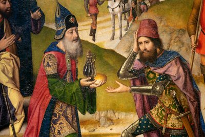 Pfarrkirche (Parochiekerk Sint-Pieter). Gemälde. Das letzte Abendmahl. Dirk Bouts. 1464-1468. Detail. Linkes Panel. von Dirck Bouts