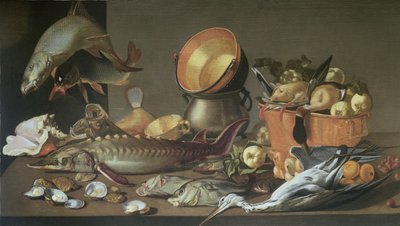 Ein Stillleben mit einem Stör und anderen Fischen, Enten und einem Reiher von Dirck Govertsz