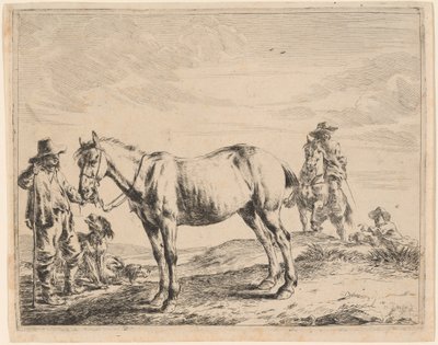 Ein Mann hält ein Pferd am Zügel von Dirck Stoop