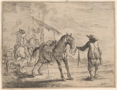 Ein pissendes Pferd, gehalten von einem Mann von Dirck Stoop