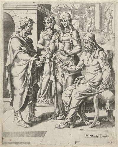 Eliëzer erzählt Laban sein Ziel von Dirck Volckertsz. Coornhert (attributed to)