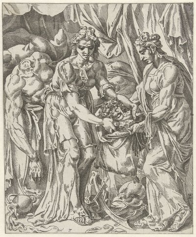 Judith steckt das Haupt von Holofernes in einen Sack Judith und Holofernes (Serientitel) von Dirck Volckertsz. Coornhert (attributed to)