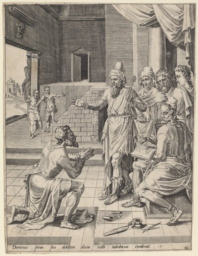 Der König vergibt seinem Diener seine Schuld von Dirck Volckertz Coornhert after Maerten van Heemskerck
