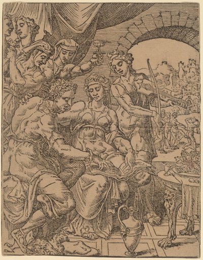 Der verlorene Sohn verschwendet sein Erbe mit Huren von Dirck Volckertz Coornhert after Maerten van Heemskerck
