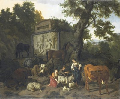 Landschaft mit Hirten und Vieh in der Nähe eines Grabmals von Dirck van Bergen