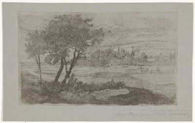 Landschaft mit Bäumen im Vordergrund und einem Pflug auf dem Acker von Dirk Arnoldus Tavenraat