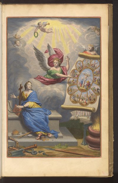 Titelblatt mit Engel, der dem gefesselten Glauben das Martyrium Christi und der zwölf Apostel zeigt von Dirk Janszoon van Santen