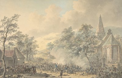 Kampfszene mit Kirche rechts, ca. 1790-1800 von Dirk Langendijk