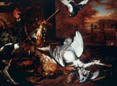 Stillleben mit totem Reiher und Hund, der einen Vogel anbellt von Dirk Valkenburg