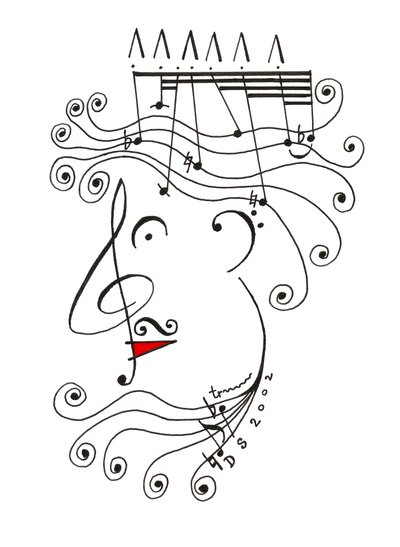 König der Musik - eine Karikatur eines Kopfes mit einer Krone, gezeichnet mit musikalischer Notation von Dmitri Smirnov