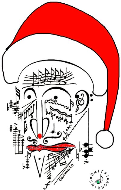 Musikalischer Weihnachtsmann - der Kopf des Weihnachtsmanns gezeichnet mit musikalischer Notation und mit rotem Hut von Dmitri Smirnov