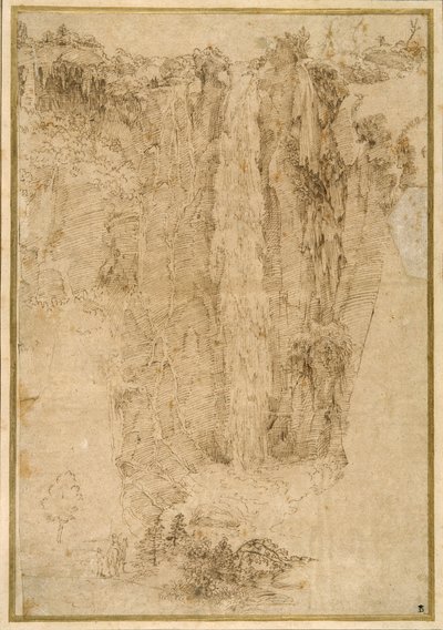 Landschaft mit einem Wasserfall; am Fuß zwei Männer, einer beritten von Domenichino
