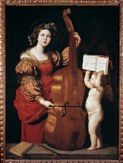Heilige Cäcilia mit einem Engel, der eine Partitur hält (Öl auf Leinwand) von Domenichino