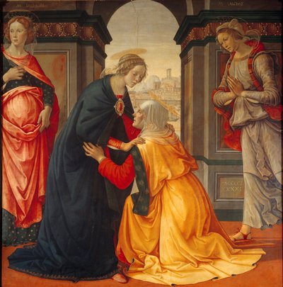 Heimsuchung: Die Jungfrau Maria besucht Elisabeth, zwischen Marie Jacobie und Marie Salome, Zeugen der Kreuzigung und Auferstehung, Gemälde von Domenico Ghirlandaio (1449-1494) 1491 von Domenico Ghirlandaio