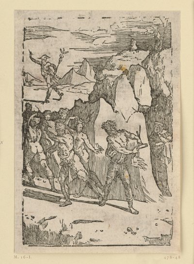 Allegorie der Metallgewinnung. Die Metalle haben das Berginnere verlassen und ergreifen die Flucht, als Vulkan (Hephaistos) sie auffordert, ihm in die Schmiede zu folgen. Aus der Folge "De re metallica". von Domenico Beccafumi