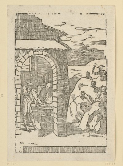 Der Ruf der Metalle. Hephaistos (Vulkan) und ein Gelehrter am Feuer einer Schmiede, während draußen in den Felsen die Götter (als Repräsentanten der Metalle) versteckt sind: Saturn (Blei), Jupiter (Zinn), Venus (Kupfer), Luna (Silber), Merkur (Quecksilber) von Domenico Beccafumi