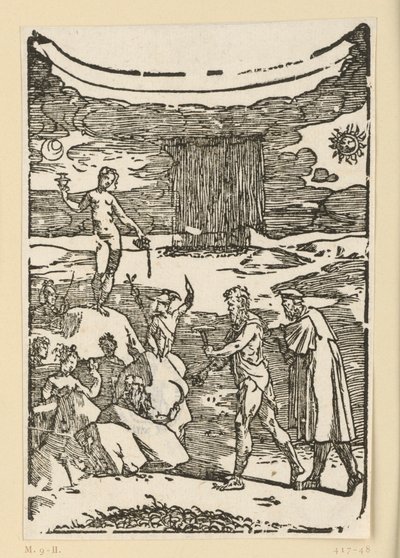 Die Entdeckung der Metalle. Hephaistos (Vulkan) mit dem Bergmannshammer und sein Gehilfe suchen die Metalle. Aus der Folge "De re metallica". von Domenico Beccafumi