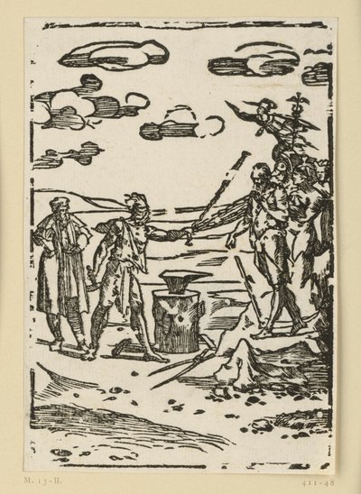 Die Metalle sollen geschmiedet werden. Hephaistos (Vulkan) führt die Metalle zum Amboss. Aus der Folge "De re metallica". von Domenico Beccafumi