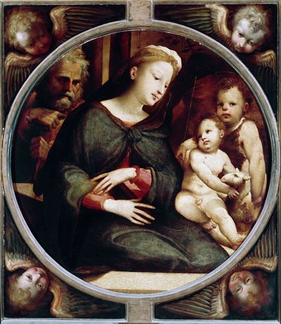 Tondo umgibt Engel mit Heiliger Familie mit dem Kind Johannes dem Täufer von Domenico Beccafumi