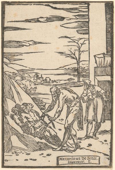 Vulkan fesselt die gefangenen Metalle mit einer Kette, Blatt 4 der Folge "De la Pirotechnia" von Domenico Beccafumi
