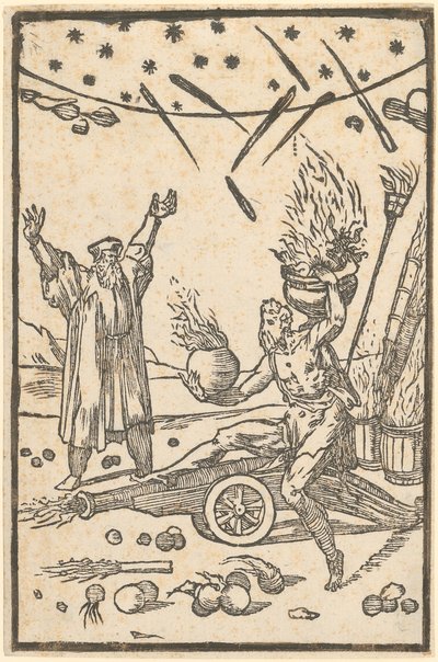 Vulkan kommandiert ein Feuerwerk, Blatt 10 der Folge "De la Pirotechnia" von Domenico Beccafumi