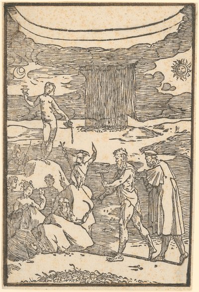 Vulkan und der Philosoph (Teoria) begeben sich auf die Suche nach den in Felsen eingeschlossenen Metallen, Blatt 2 der Folge "De la Pirotechnia" von Domenico Beccafumi
