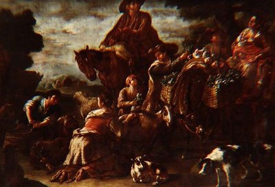 Bauern auf dem Weg zum Markt mit einem Mädchen, das eine Ziege melkt von Domenico Brandi