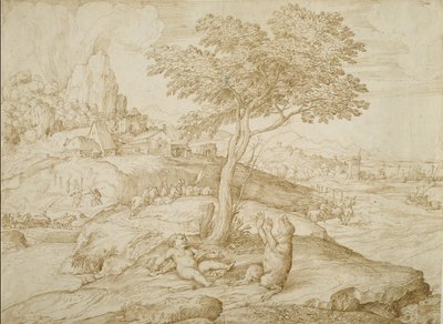 Callistos Verwandlung in einen Bären nach der Geburt von Arcas, ca. 1558 von Domenico Campagnola