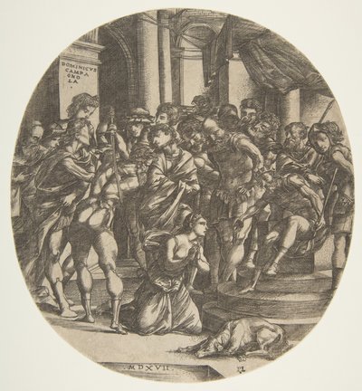 Weibliche Figur, die heilige Katharina kniet auf dem Boden und fleht eine männliche Figur an, 1517 von Domenico Campagnola