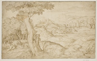 Landschaft mit einer Stadt und einem schlafenden Hirten von Domenico Campagnola