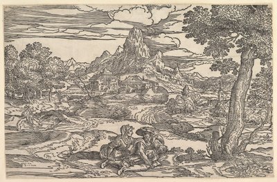 Landschaft mit einer sitzenden Frau neben einem Mann, der eine Drehleier spielt, ca. 1540 von Domenico Campagnola